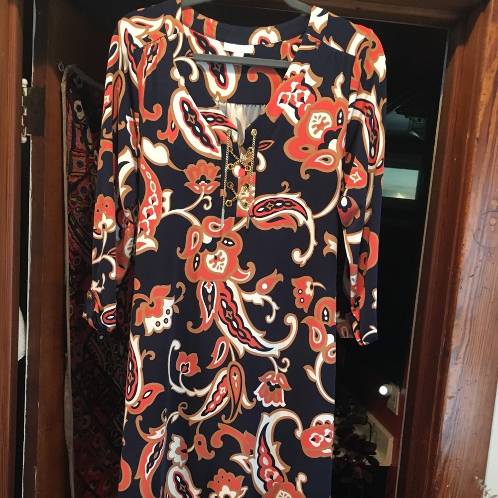 Abstract Navy and Orange dress. Chain tie up.